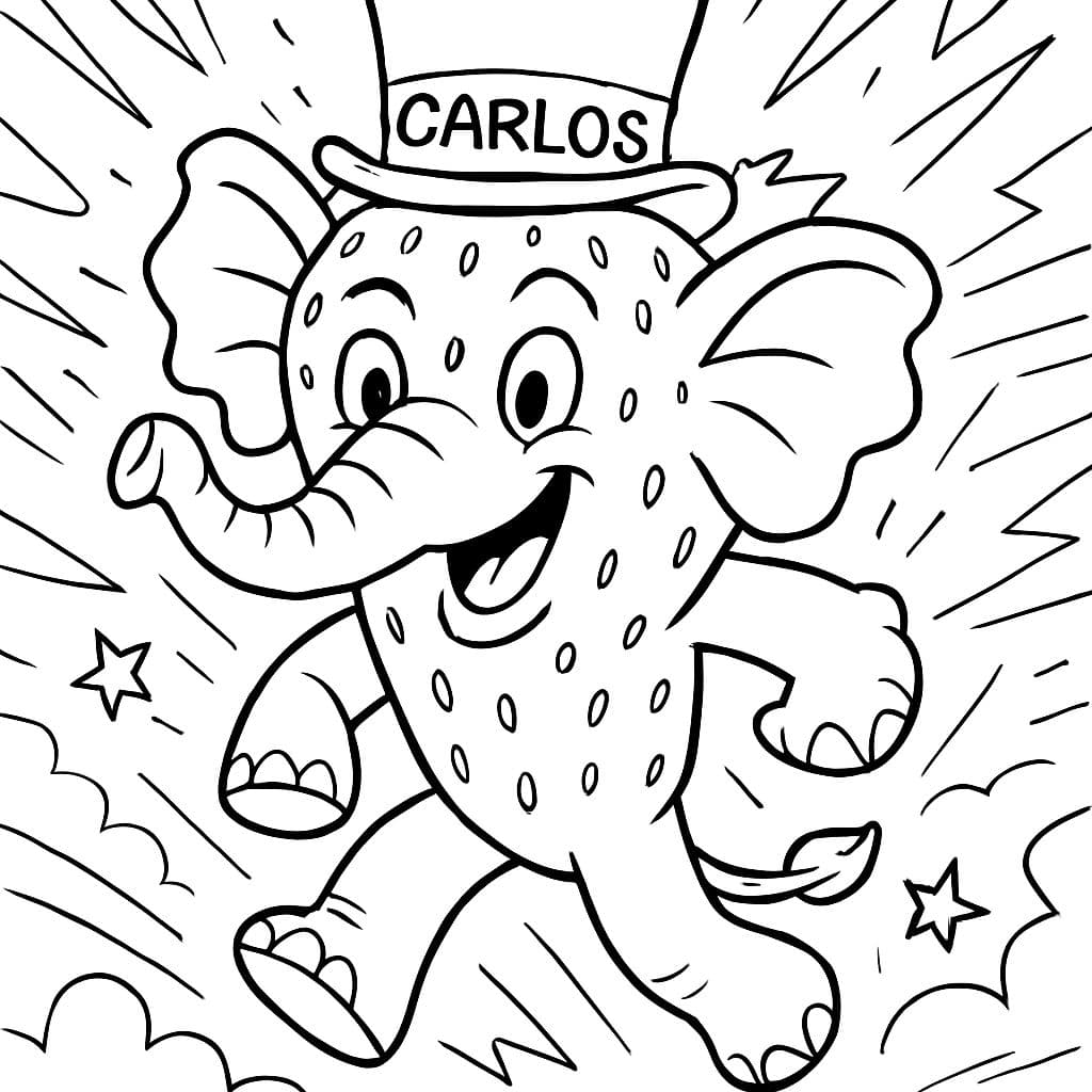 Ein Erdbeer-Elefant mit einem Zylinderhut, auf dem "Carlos" steht.
