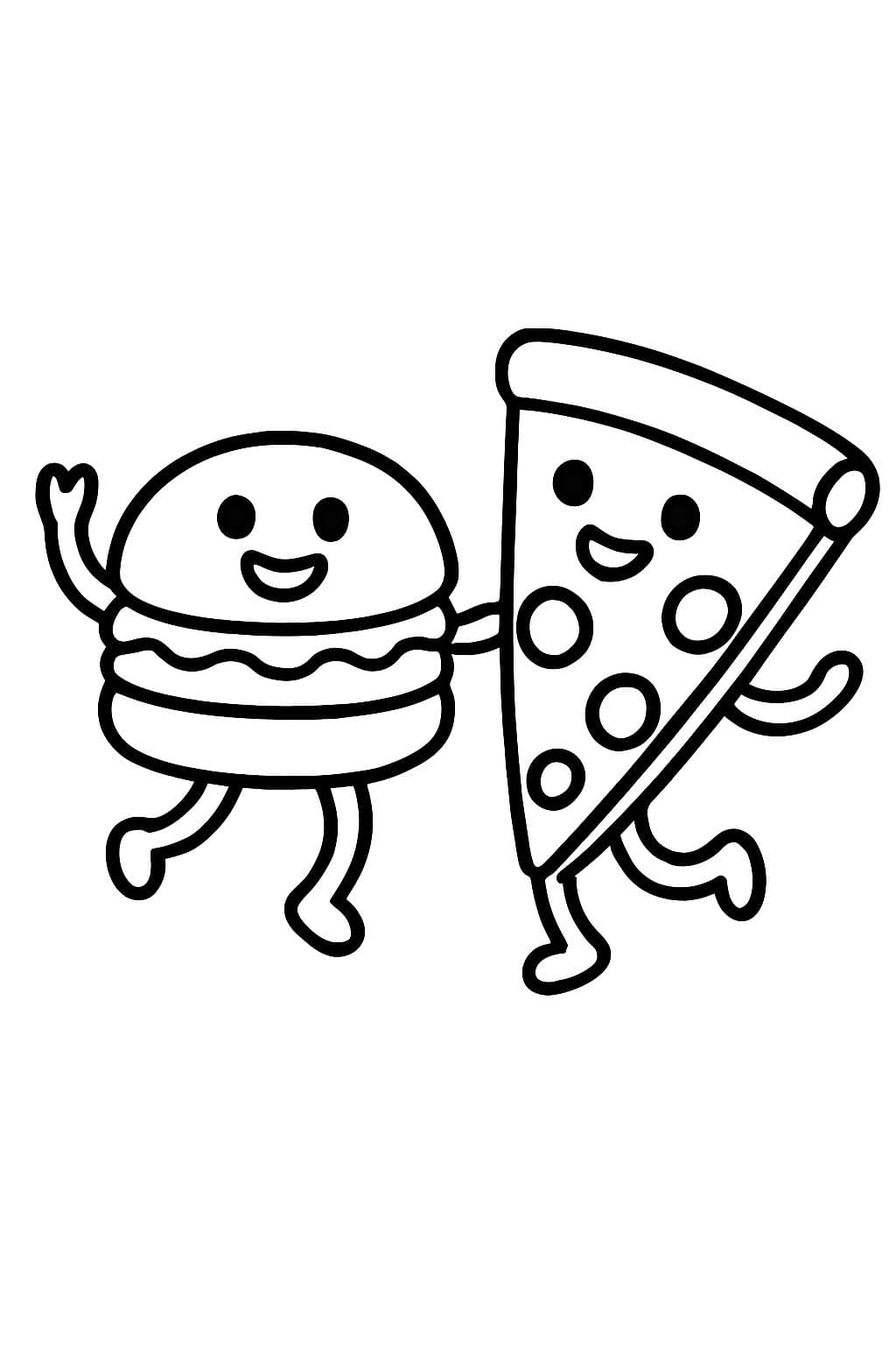 Una hamburguesa bailando con una rebanada de pizza.