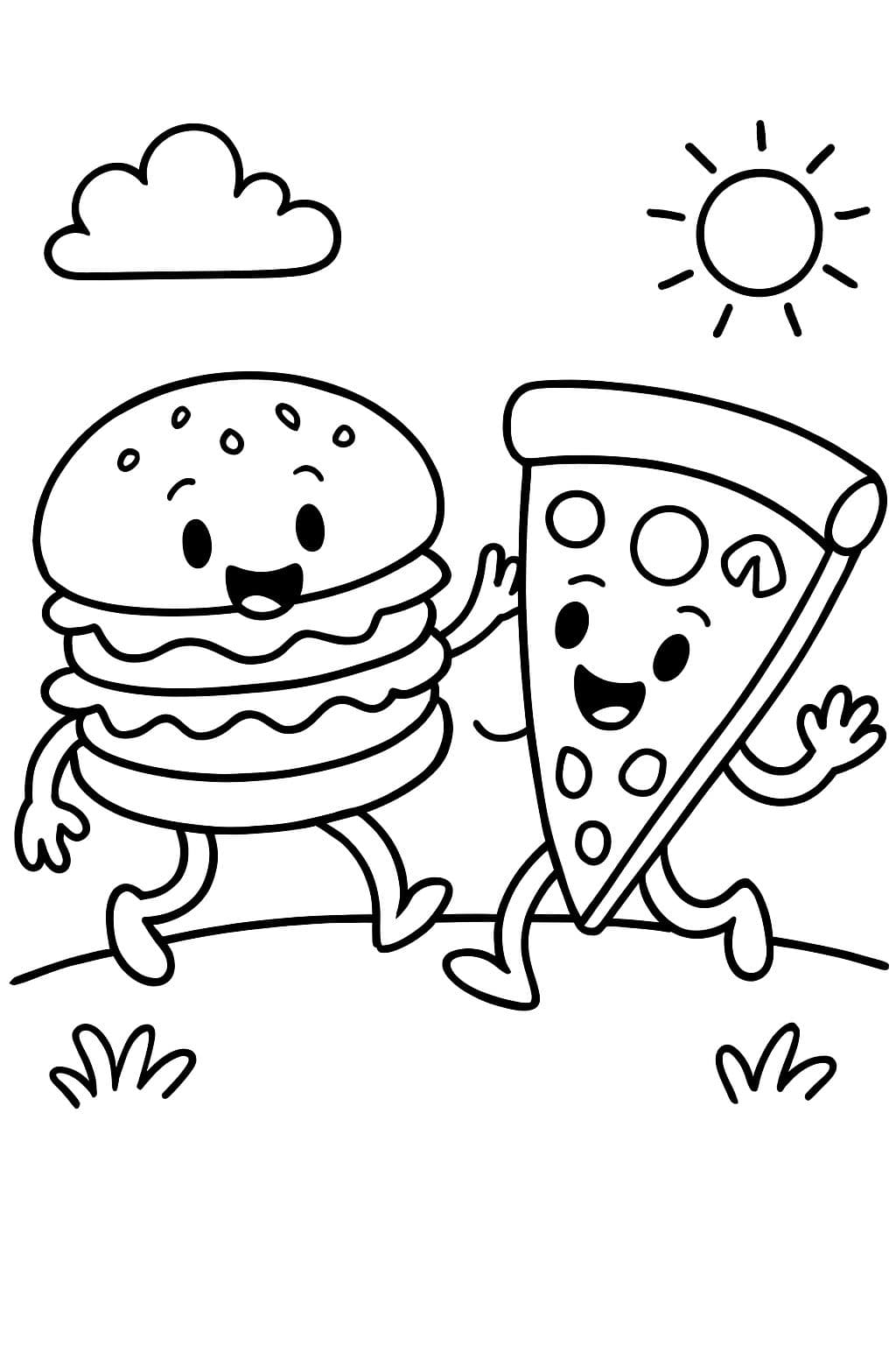 Una hamburguesa bailando con una rebanada de pizza.