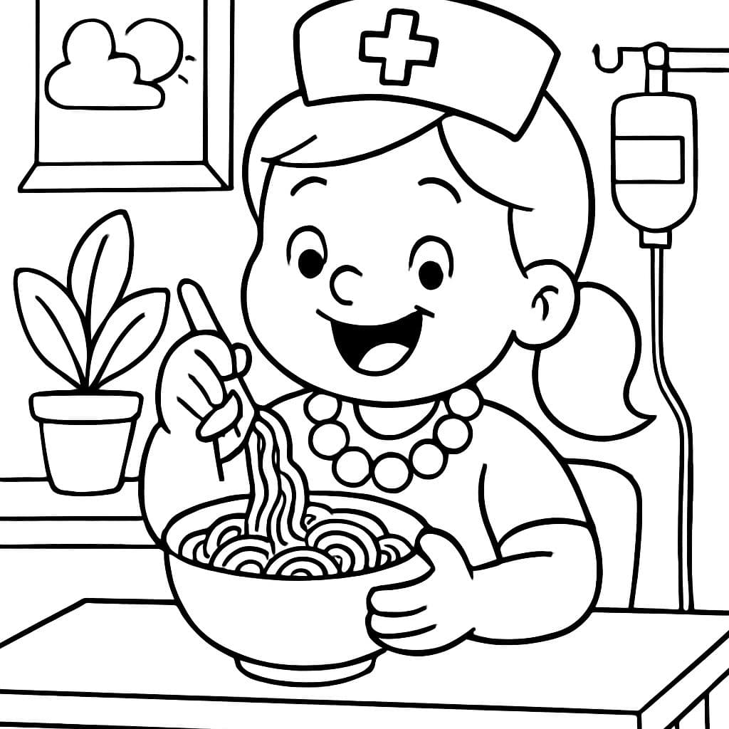 Enfermera comiendo fideos con un gran collar.