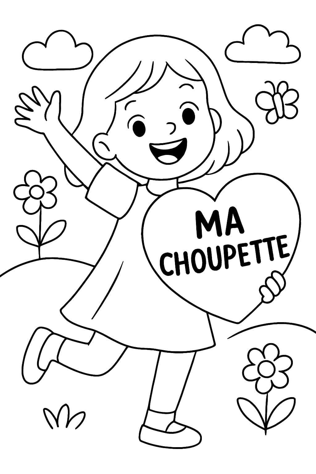 Donne des cheveux joyeux aux épaules avec un cœur écrit 'ma choupette'.