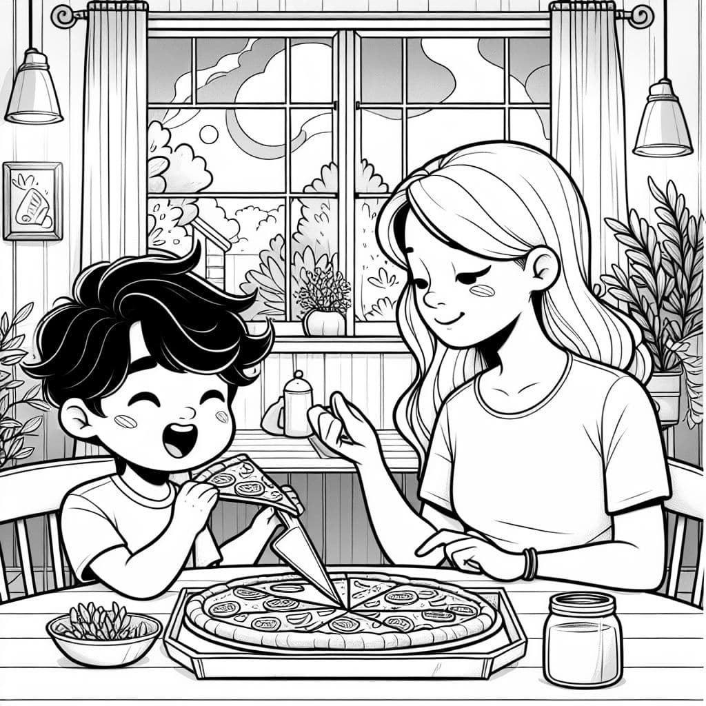 A kid eating a slice of pizza that a grown-up just cut in a house