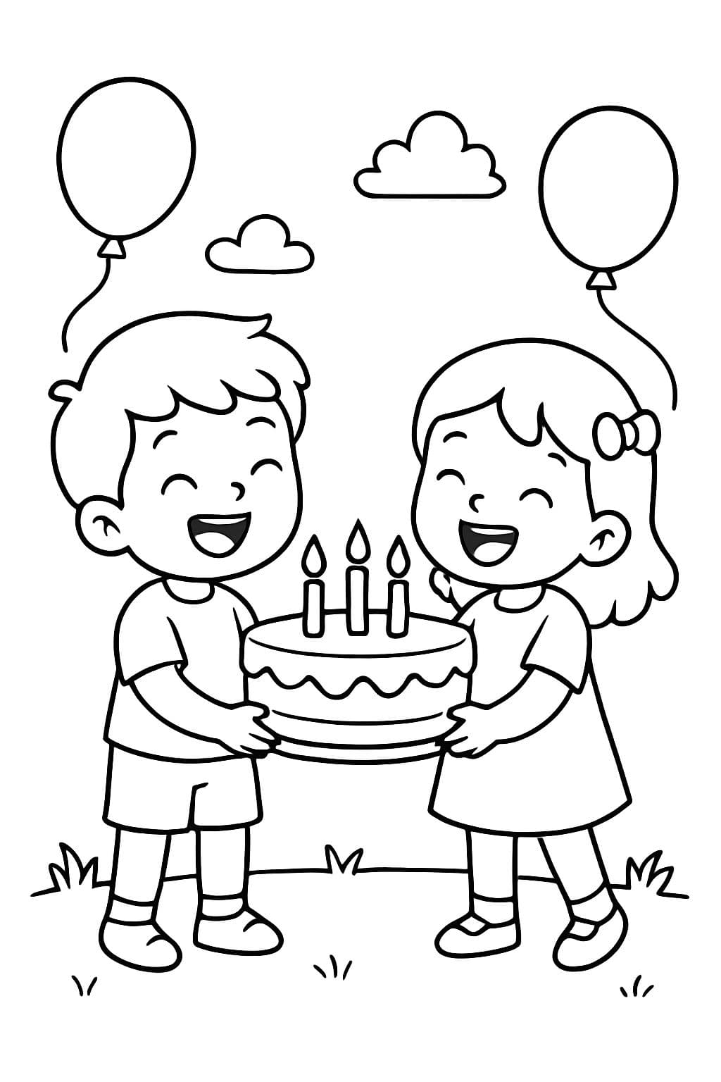 Niños (varón y mujer) agarrando una torta en el centro, celebrando. Con globos en los costados.