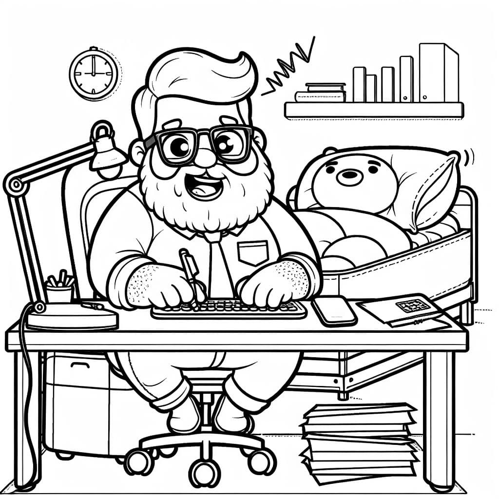 einen dicken Büro Mann mit Vollbart und Brille der am fressen ist und in einem elektrischen Bett am Tisch arbeitet