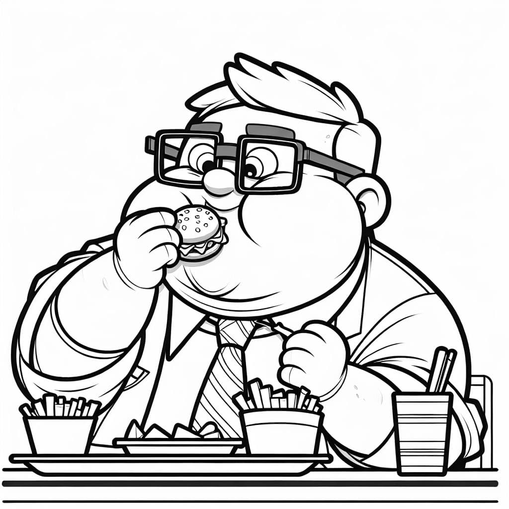 einen dicken Büro Mann mit Brille der am fressen ist