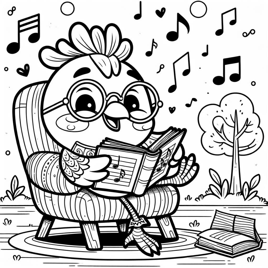einen Vogel der gemütlich auf seinem Stuhl sitzt und die Beine überschlagen hat. Er hat ein Gesangsbuch in der Hand und eine Lesebrille auf und zwitschert fröhlich Lieder.