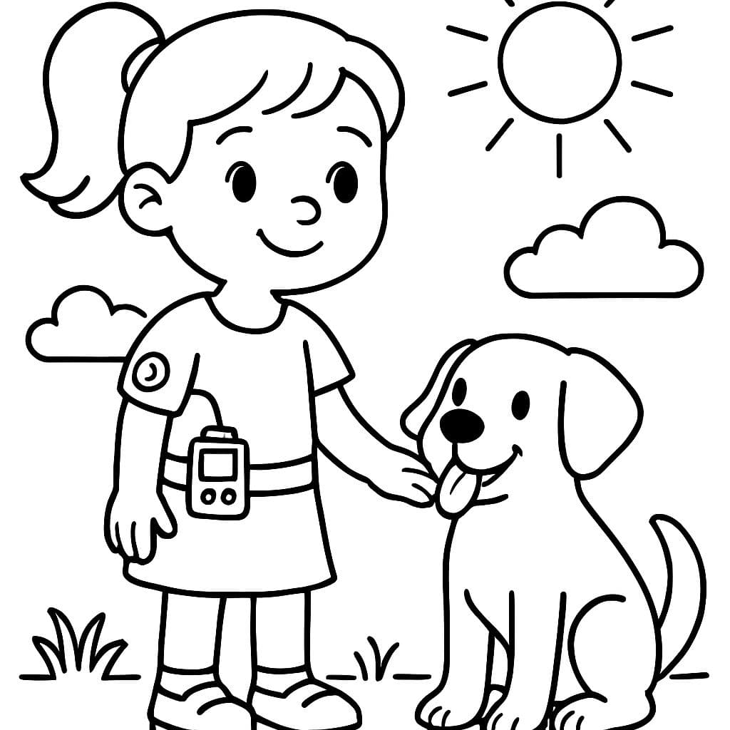 Niña diabética con sensor y bomba con su perro