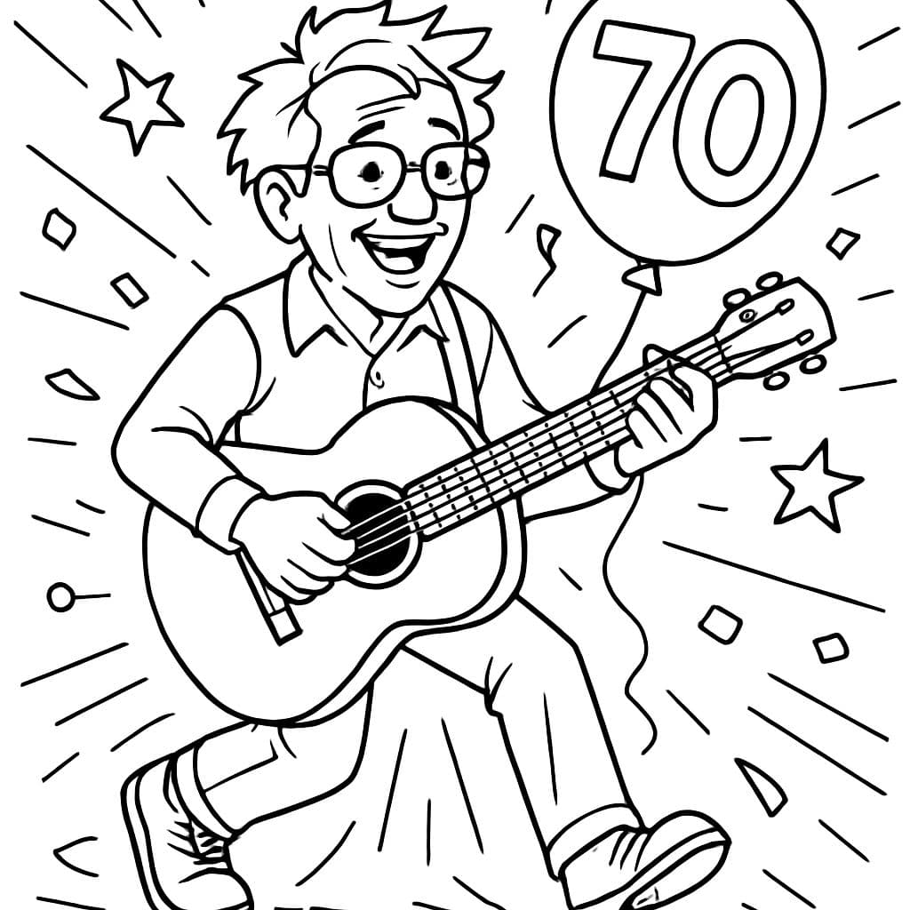 Un homme âgé. Il fête son 70e anniversaire. Il joue de la guitare, porte des lunettes, ses cheveux sont un peu en désordre, il n'a pas de barbe