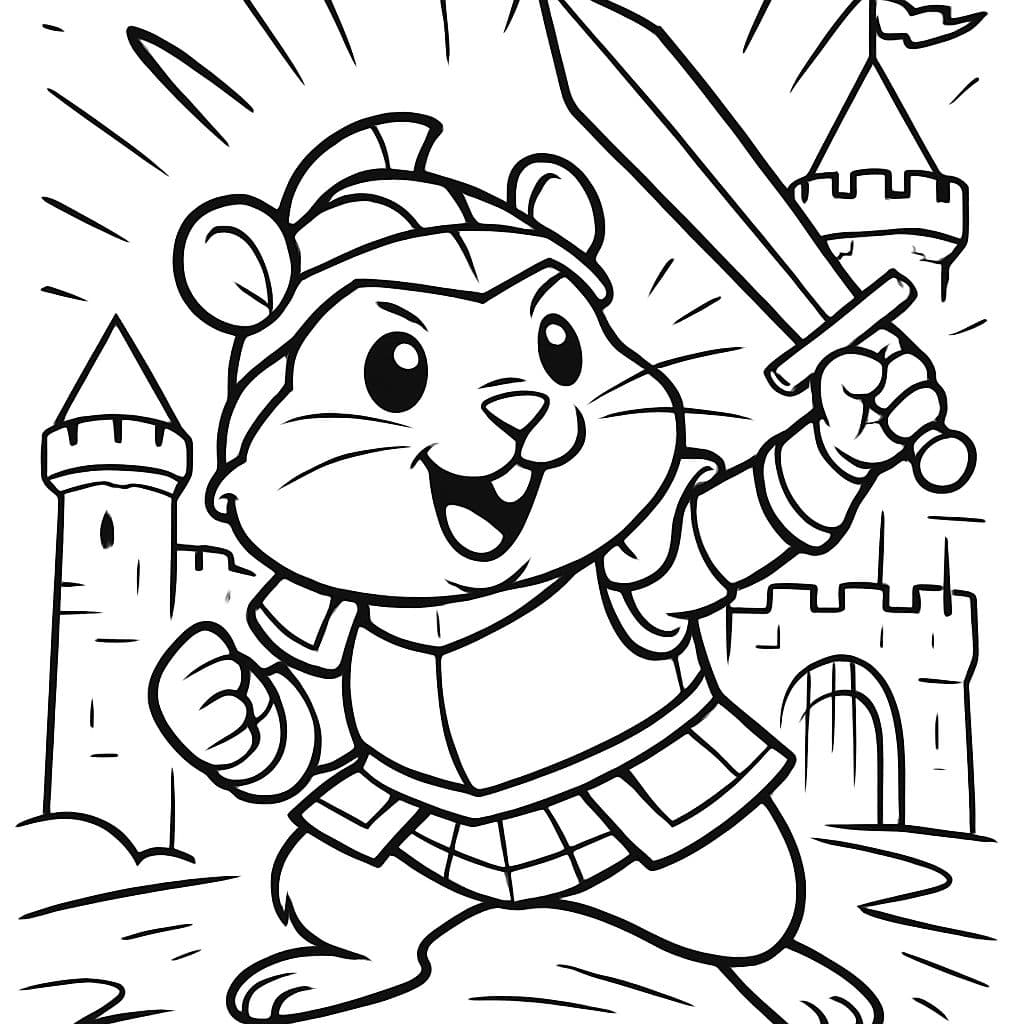 Um hamster fofo usando armadura de cavaleiro com uma espada, em frente a um castelo
