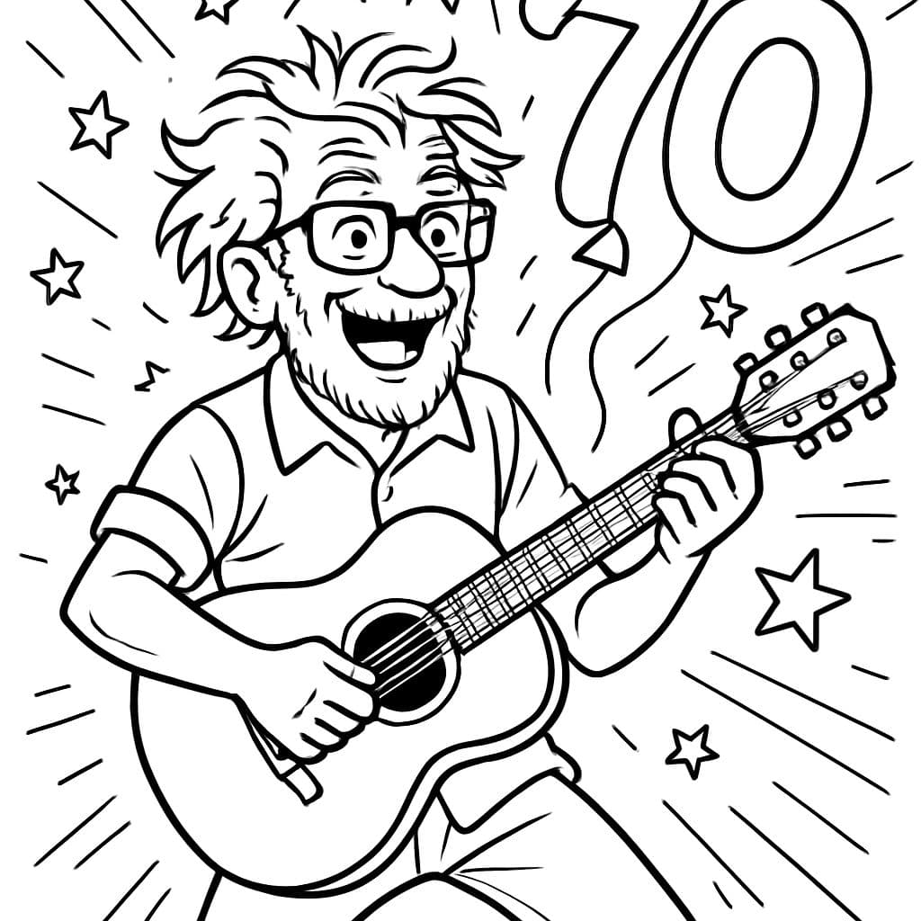 Un homme âgé célébrant son 70e anniversaire. Il joue de la guitare, porte des lunettes et a les cheveux un peu en désordre.