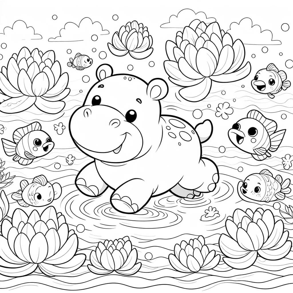 Cute hippo surrounded by lotus flowers and a school of fish