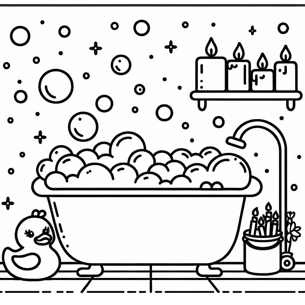 Une baignoire avec des bulles, un canard en caoutchouc et une étagère de bougies.