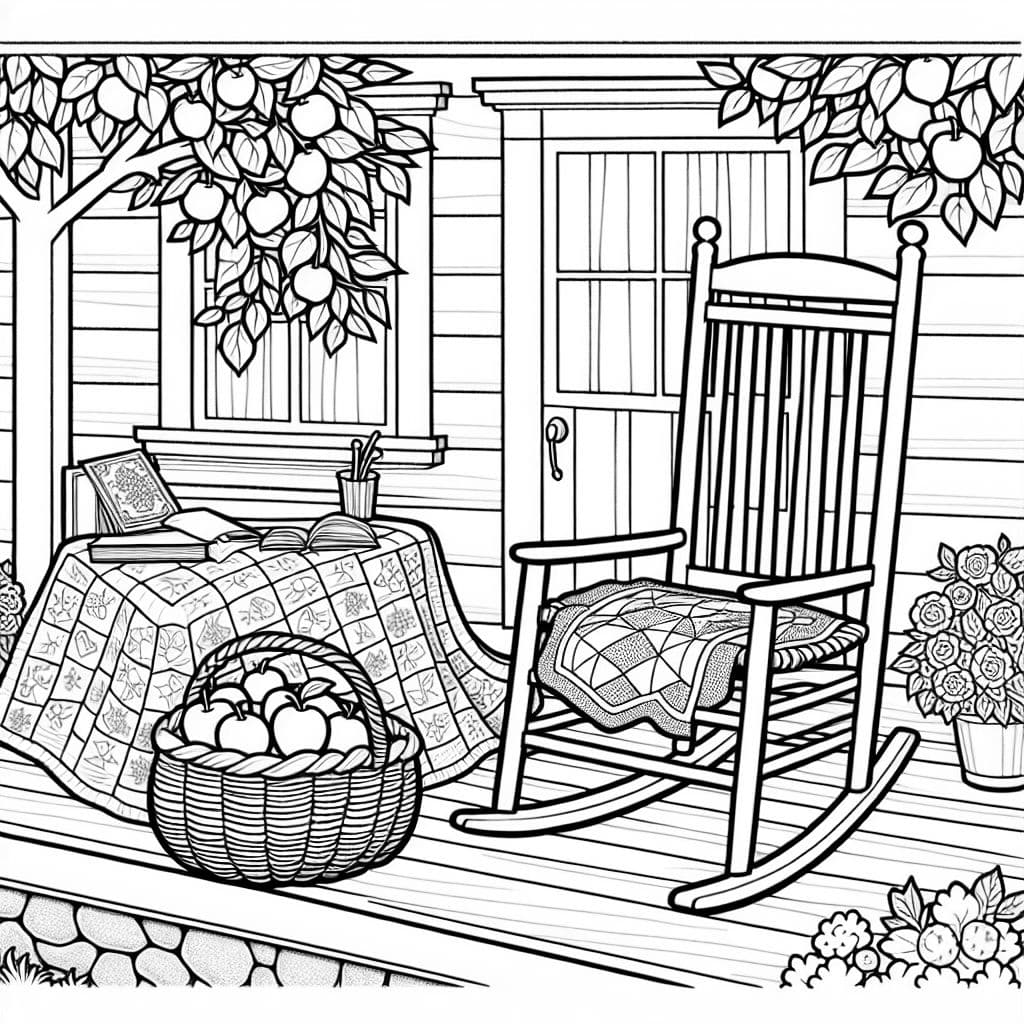 Un rocking-chair sur le porche d'une ferme avec une couverture et un panier de pommes.
