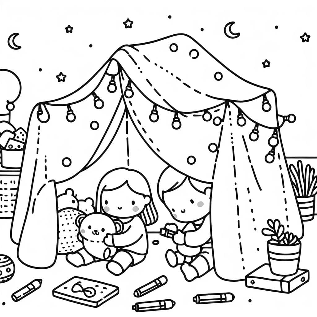 Un niño construyendo una fortaleza de mantas con luces de hadas y animales de peluche adentro.