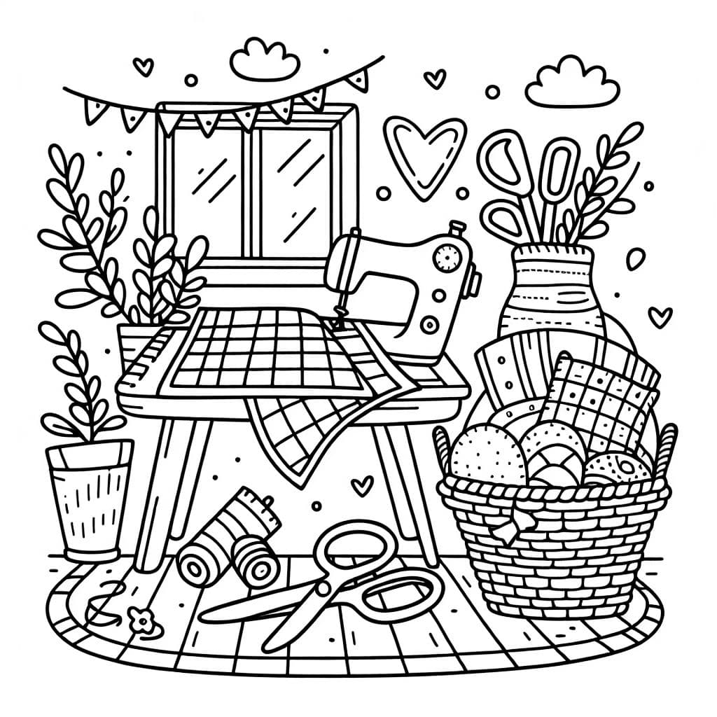 Una sala de costura con una cesta de tela, tijeras y una colcha a medio terminar.