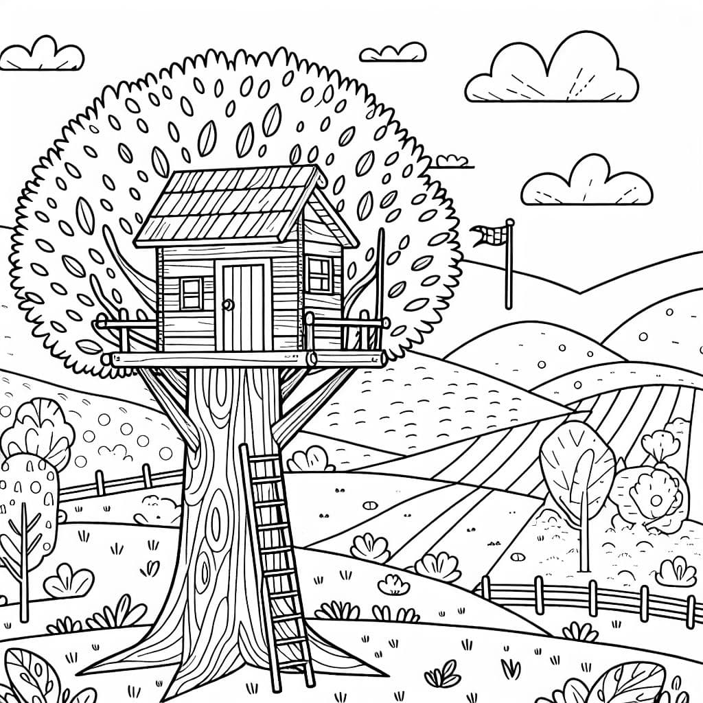 Une cabane dans un arbre avec une échelle, un petit drapeau et une vue sur des collines ondulantes.