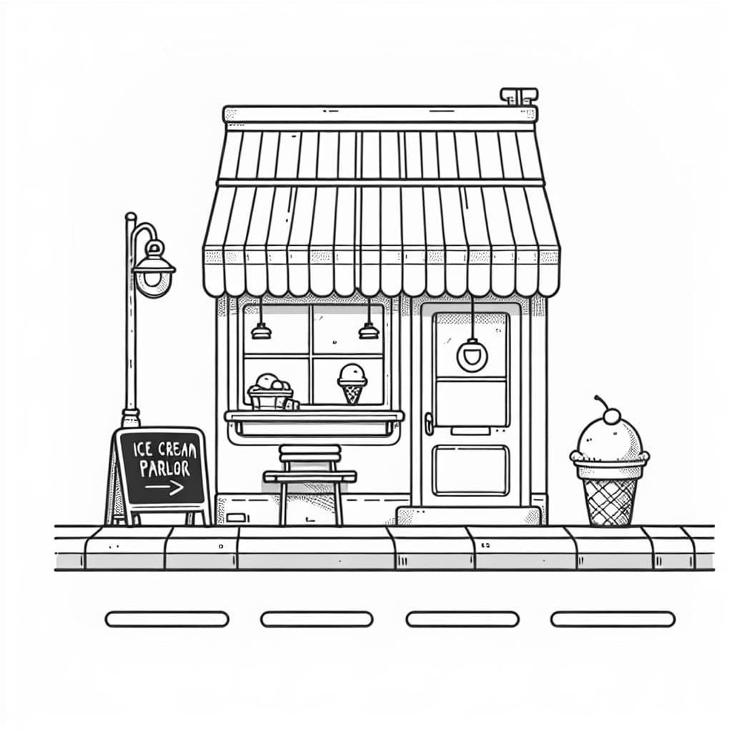 Una pequeña heladería con un toldo a rayas y un menú de pizarra.