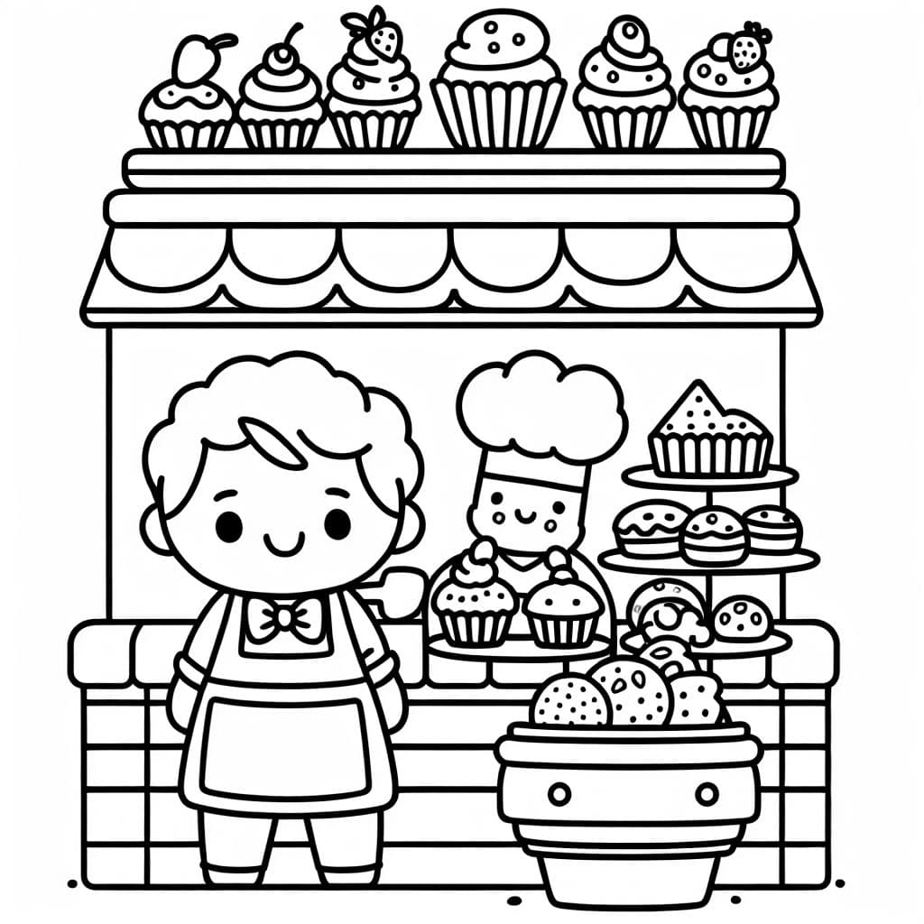 Une petite boulangerie avec une vitrine de cupcakes, biscuits et un boulanger amical.