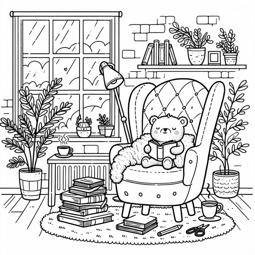 Un coin lecture confortable avec un fauteuil moelleux, une pile de livres et une tasse de thé fumante.