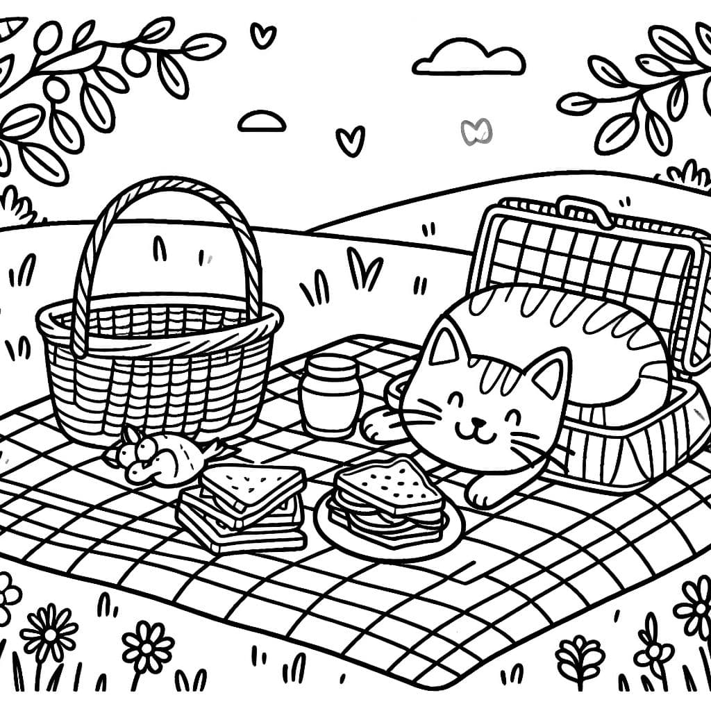 Une couverture de pique-nique dans une prairie avec un panier, des sandwiches et un chat paresseux.