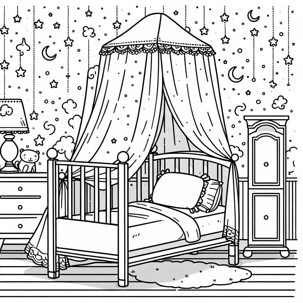 Un dormitorio con una cama con dosel, papel tapiz de noche estrellada y una atmósfera soñadora.