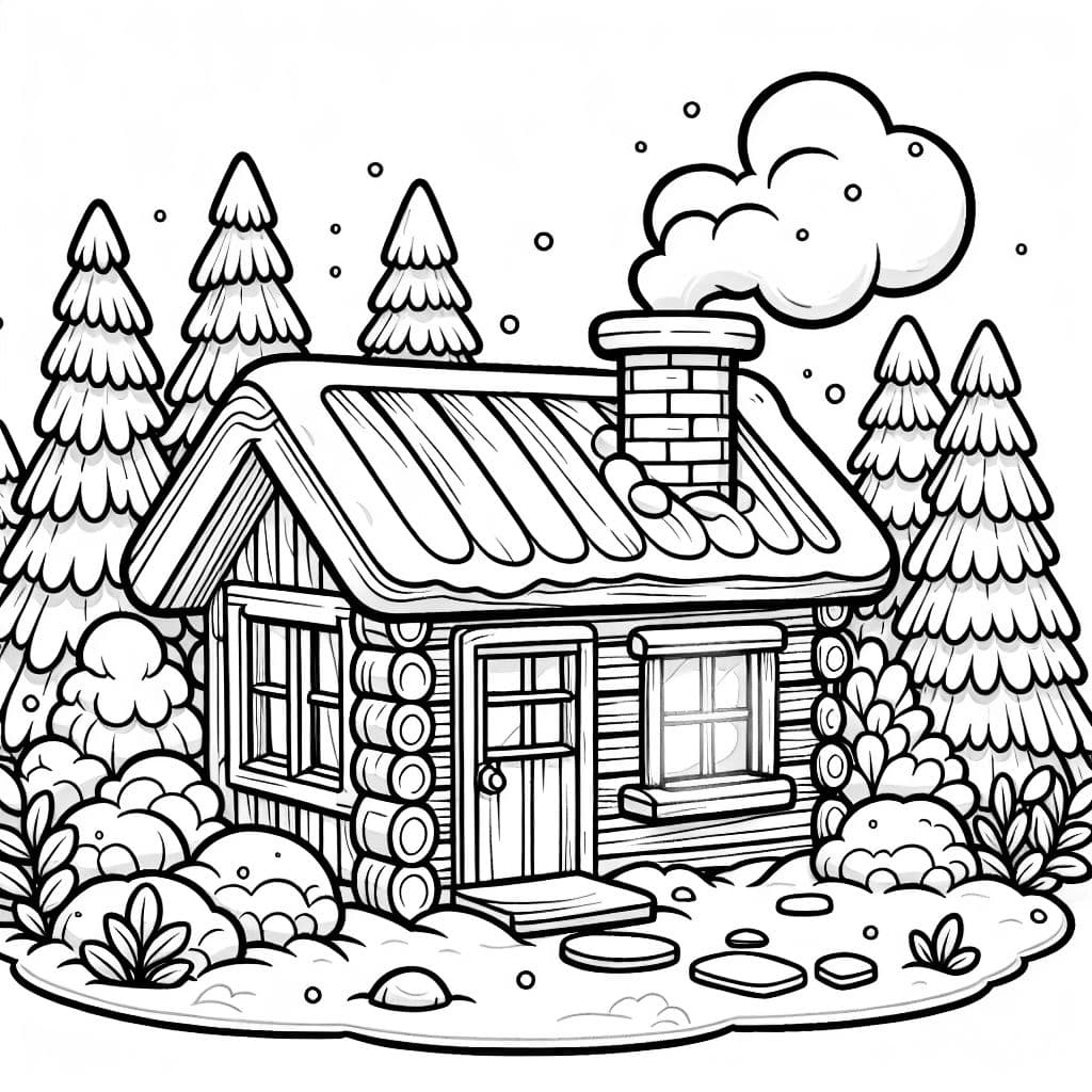Una cabaña pequeña en el bosque con una chimenea humeante, rodeada de nieve y una ventana cálida.