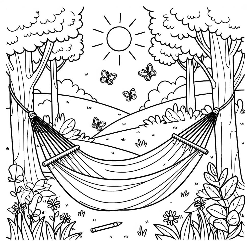 Un hamac entre deux arbres dans un jardin ensoleillé avec des papillons qui volent autour.
