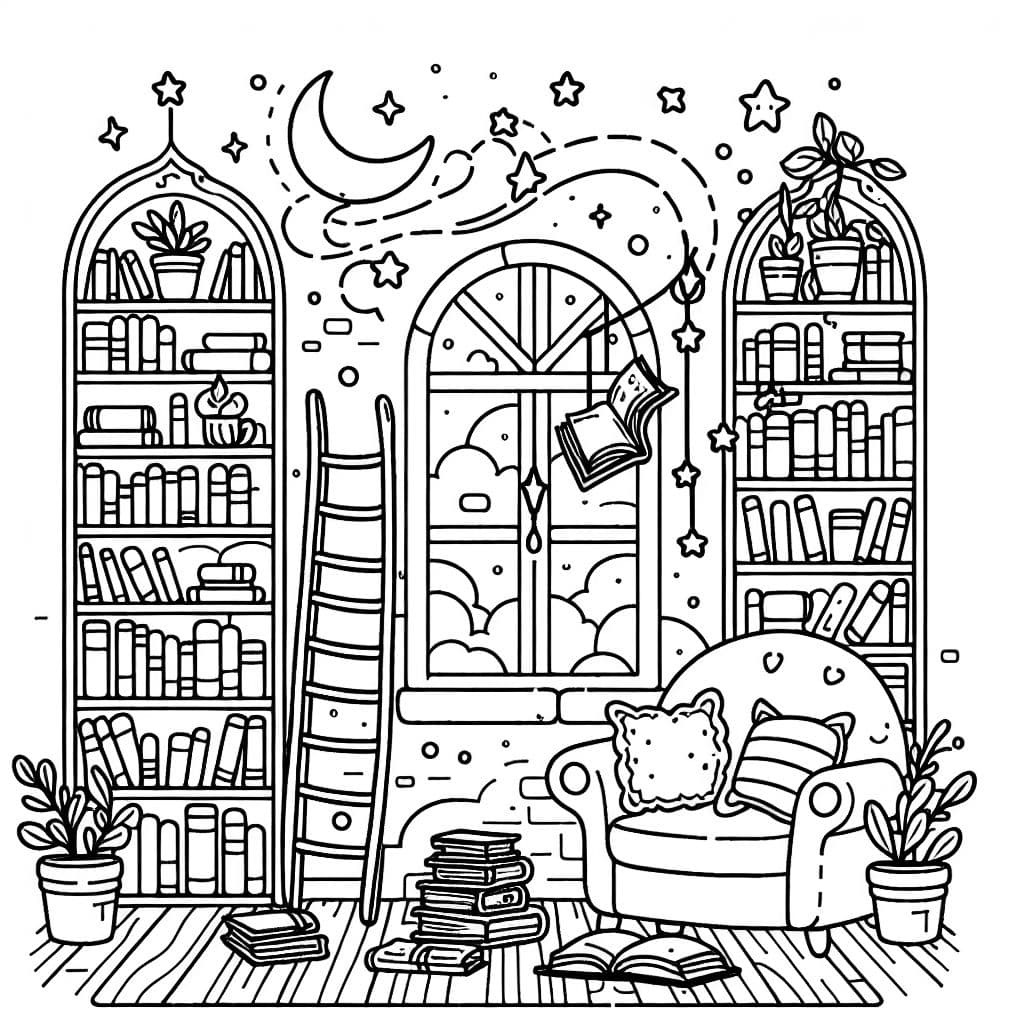 Una biblioteca mágica con libros flotantes, una escalera y un rincón de lectura acogedor.