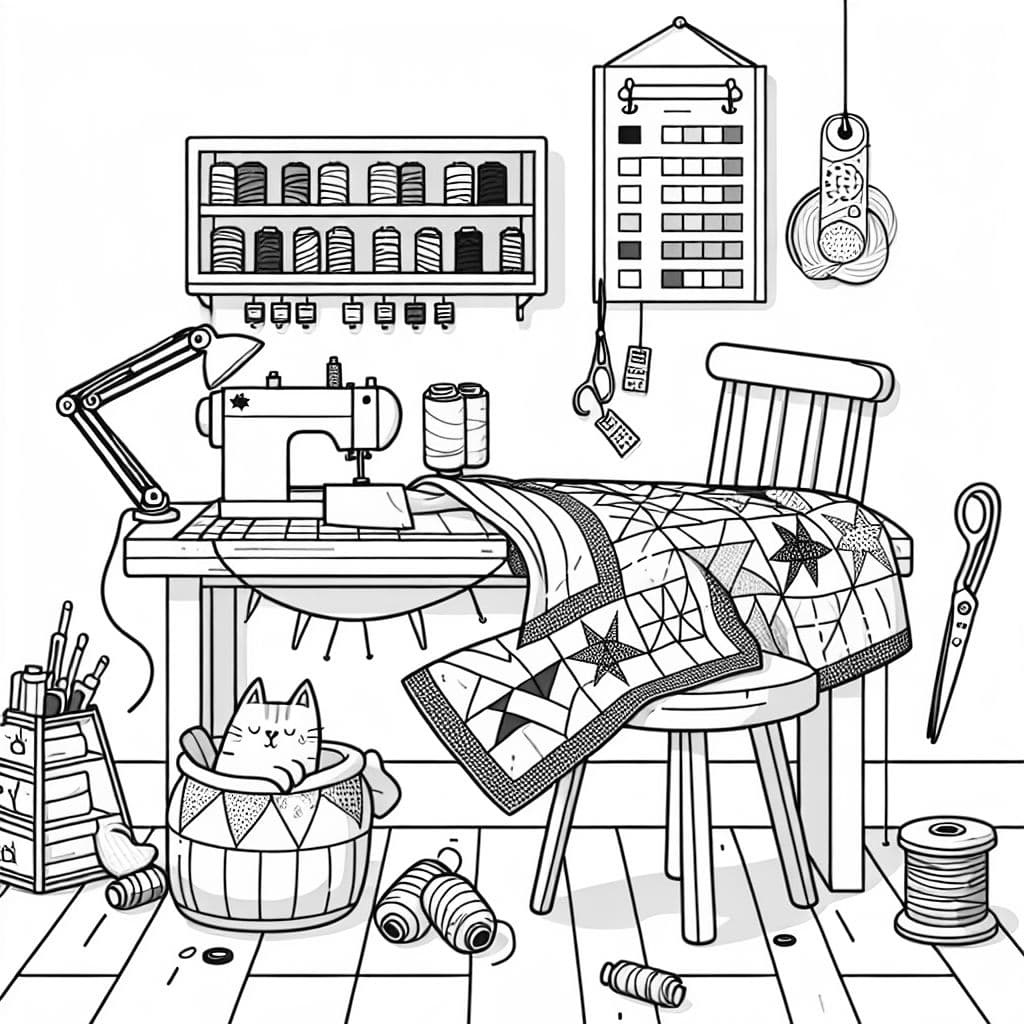 Atelier de couture; Une pièce de couture ensoleillée avec une table en bois recouverte de chutes de tissu, un coussin à épingles et des ciseaux. Une couverture à moitié finie (motif d'étoile complexe) pend sur une chaise. Un organisateur mural tient des bobines de fil (étiquettes visibles), et un chat dort dans un panier tapissé de tissu.