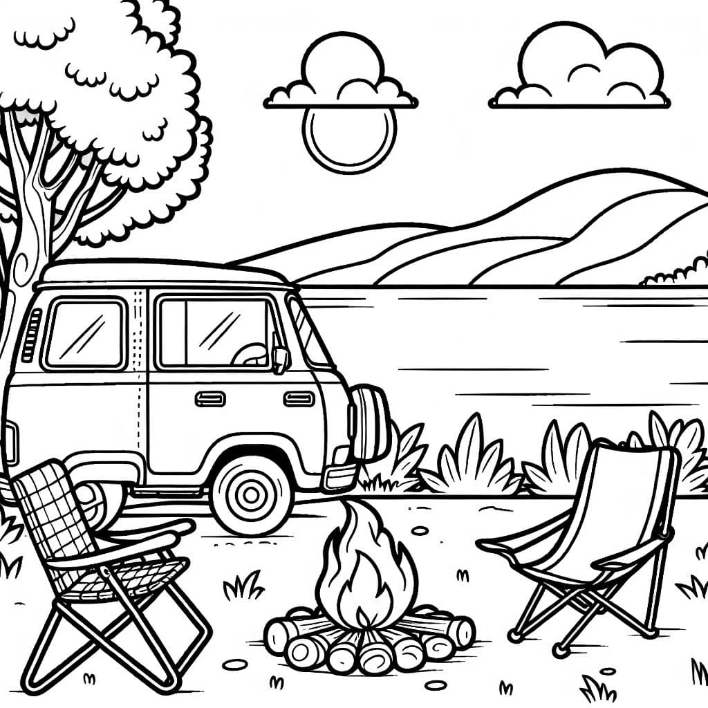 Un petit van aménagé garé près d'un lac avec une chaise pliante et un feu de camp.