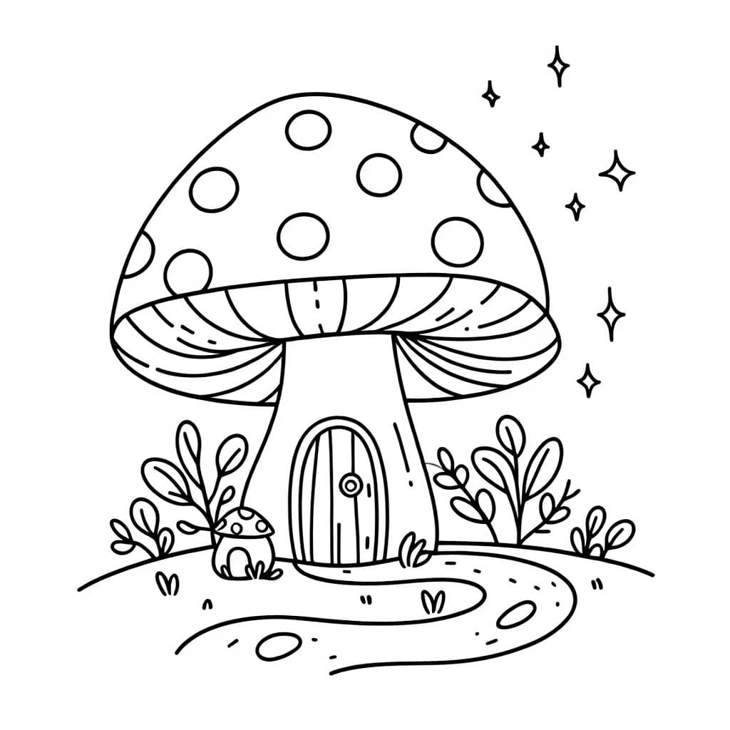 Una pequeña casa de hadas debajo de un hongo con una puerta pequeña y un camino sinuoso.