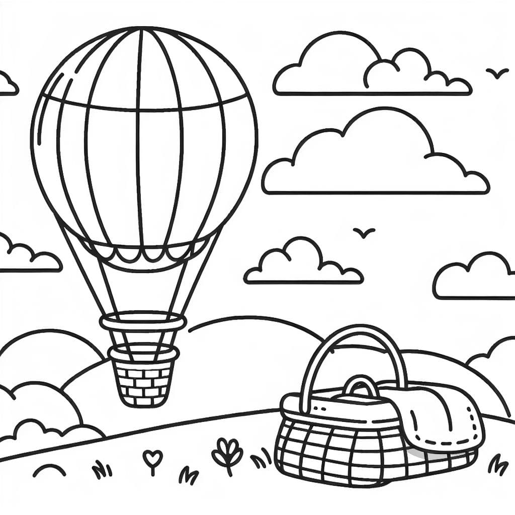 Un globo aerostático con una cesta de picnic, mantas y una vista de nubes esponjosas.