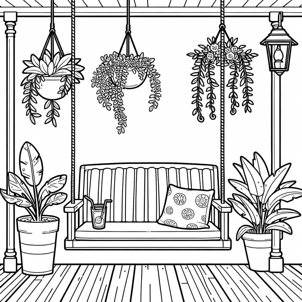 Une balançoire de porche avec des plantes suspendues et une tasse de limonade.