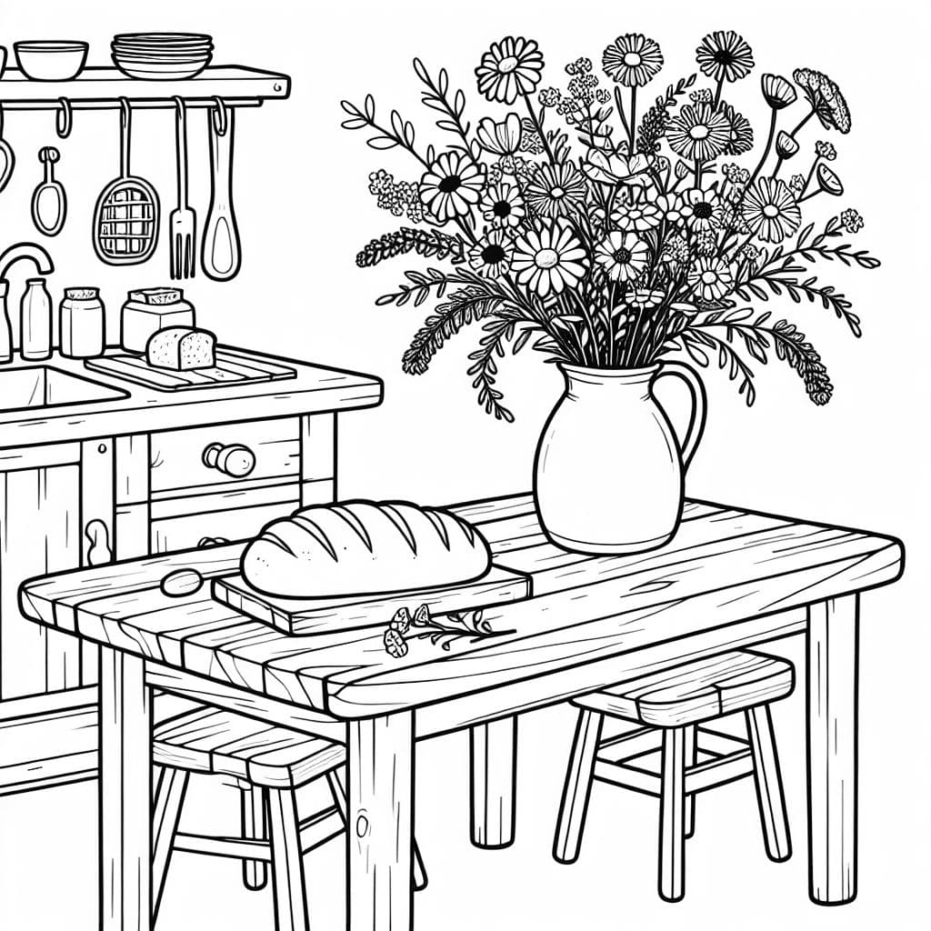 Eine rustikale Küche mit einem Holztisch, frischem Brot und einer Vase mit Wildblumen.