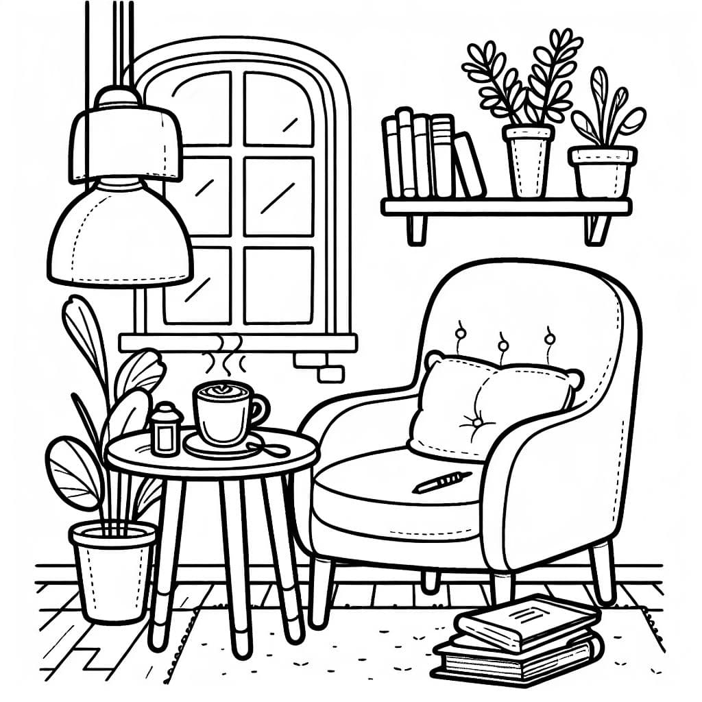 Una esquina de café con una silla cómoda, un latte y un libro.