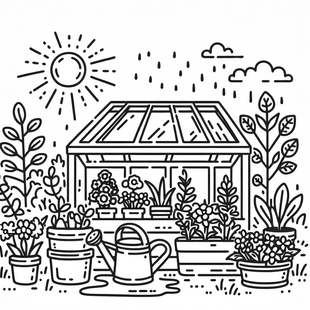 Un pequeño invernadero lleno de plantas en macetas, una regadera y la luz del sol que entra.