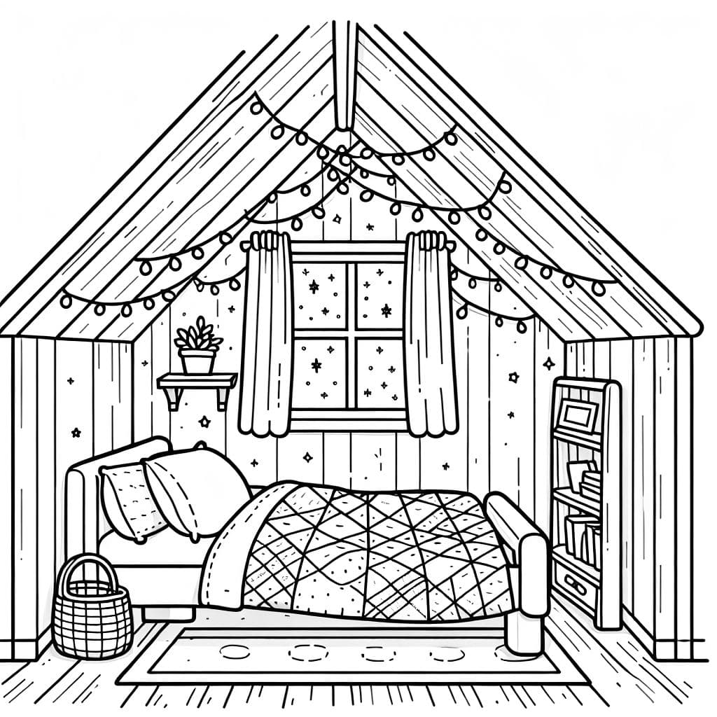Ein gemütliches Dachzimmer mit schrägen Decken, funkelnden Lichtern und einem mit einer Decke bedeckten Bett.