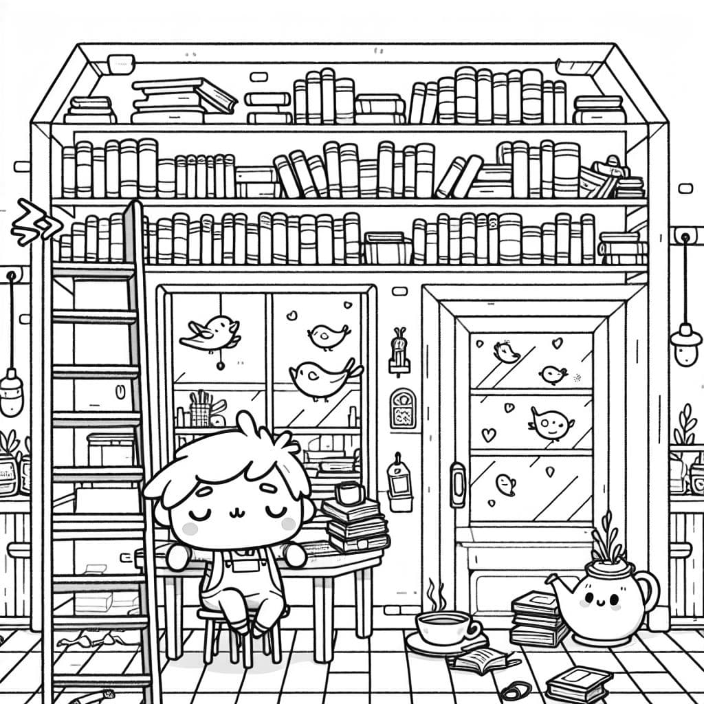 Une petite librairie avec des étagères de livres, une échelle et un libraire endormi.