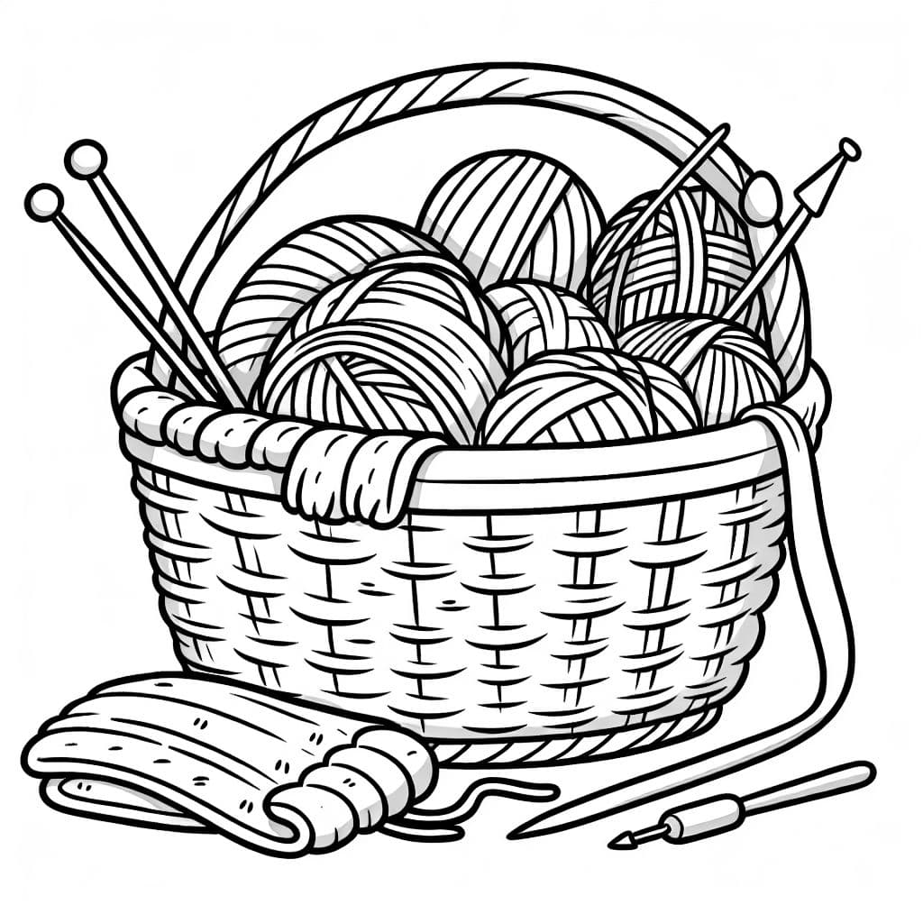 Una cesta de tejido con hilo colorido, agujas y una bufanda a medio hacer.