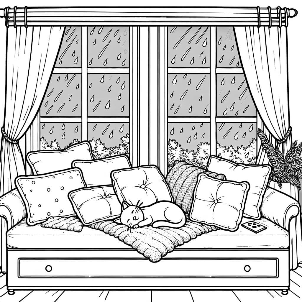 Un asiento junto a la ventana con almohadas mullidas, gotas de lluvia en el cristal y un gato durmiendo.