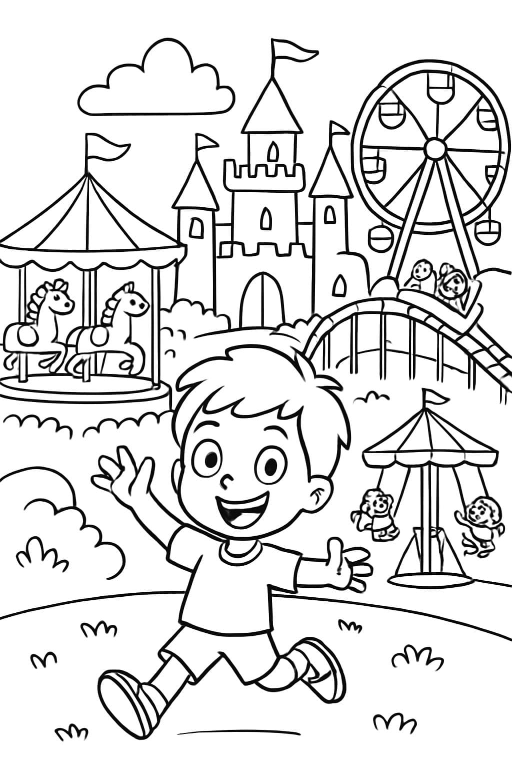 parque de diversiones con castillo y muchas atracciones