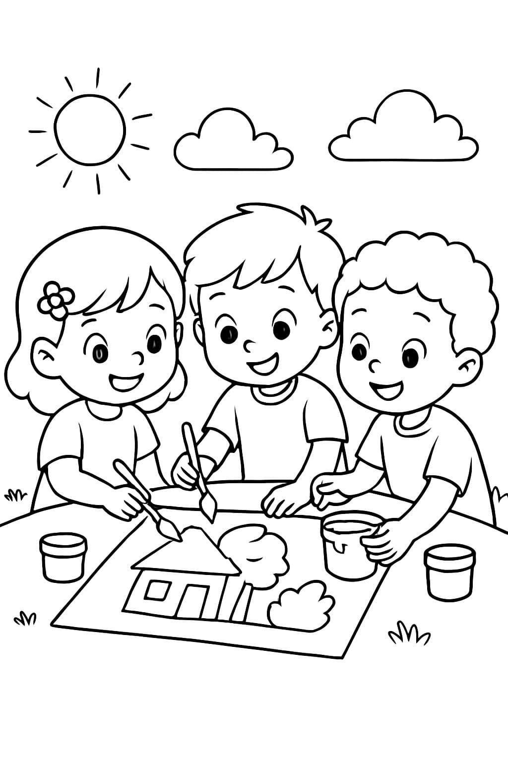 Niños compartiendo pinturas para colorear un dibujo.