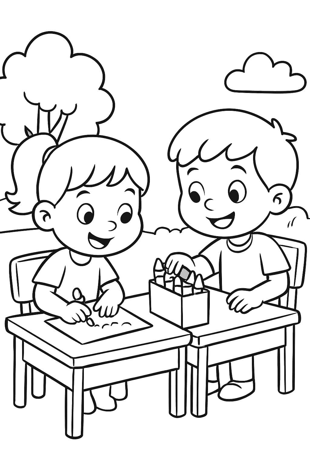 Niños en un pupitre dibujando y compartiendo una caja de lápices de colores.