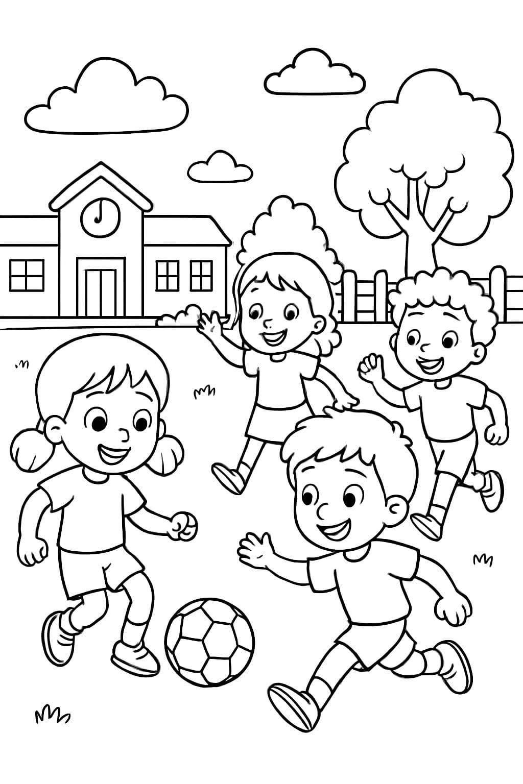 Image d'enfants jouant au football pendant la récréation.
