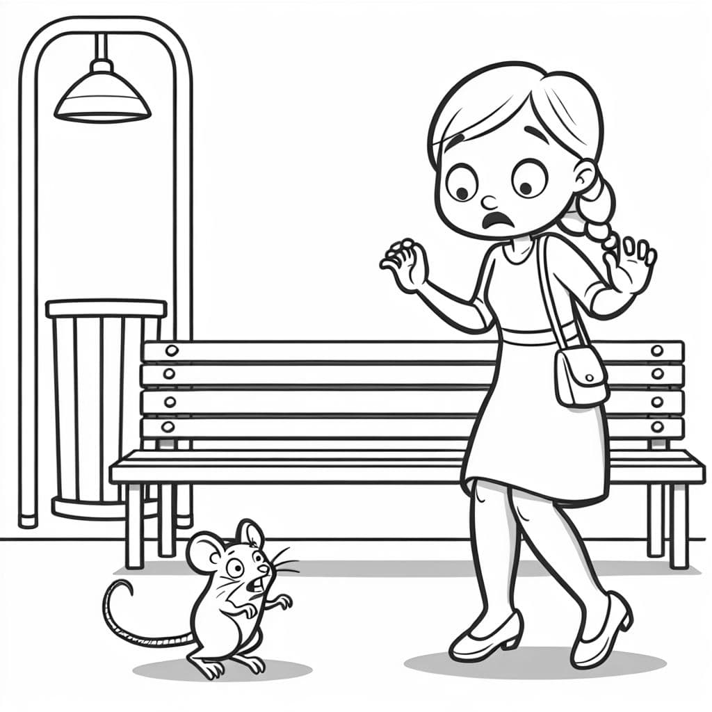 Dame effrayée par une souris se tenant sur un banc dans un parc.
