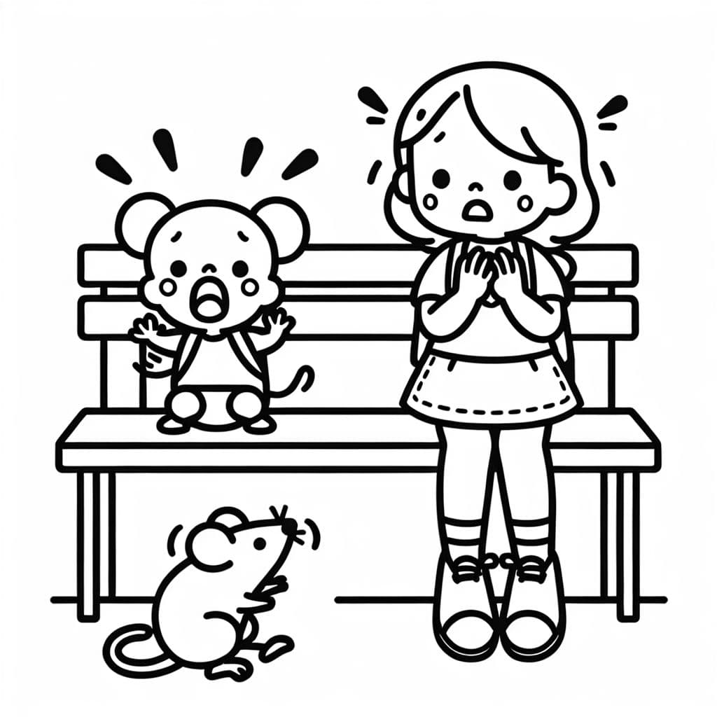 Niña y su mamá de pie sobre un banco y asustadas por un ratón