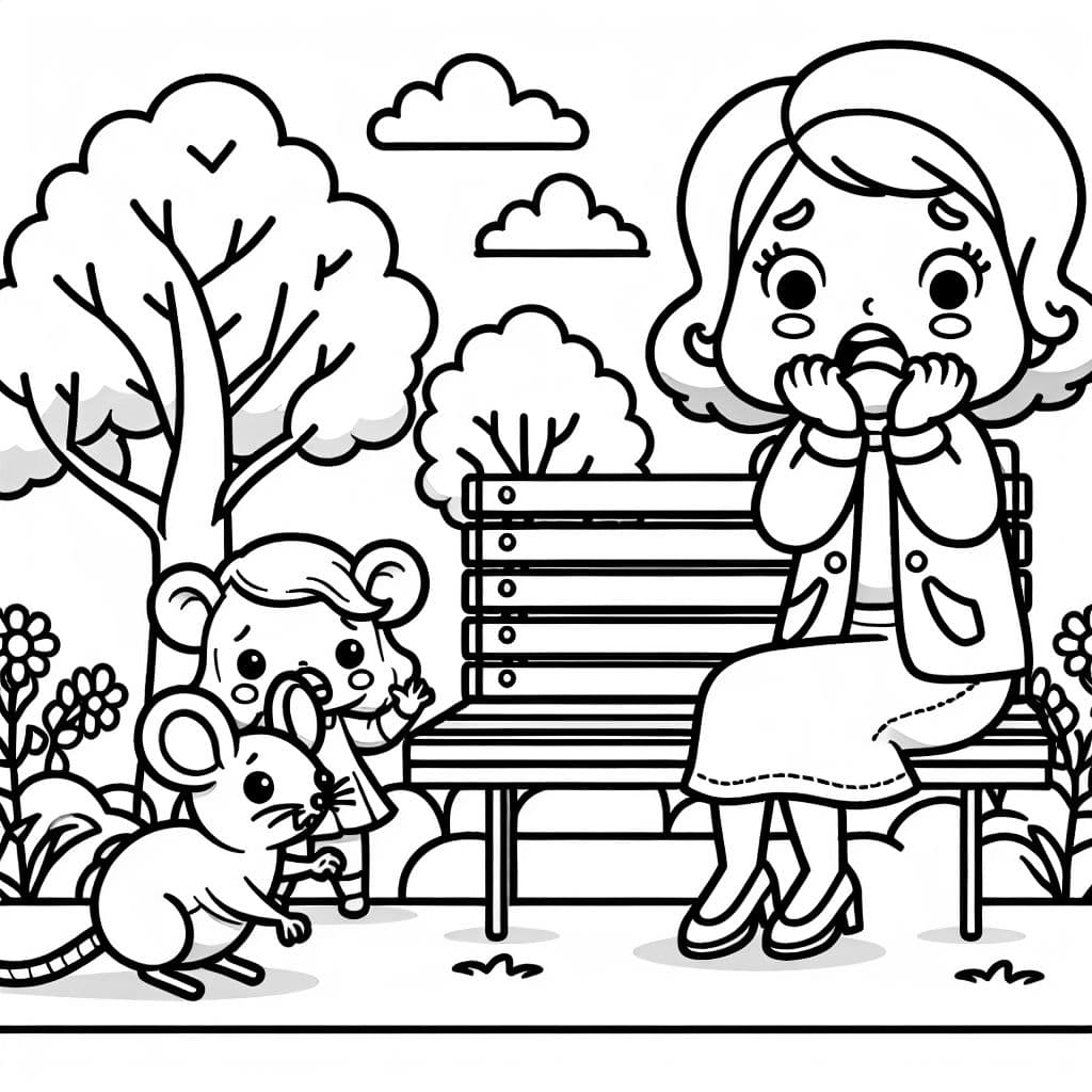 Dame effrayée par une souris debout sur un banc dans un parc.