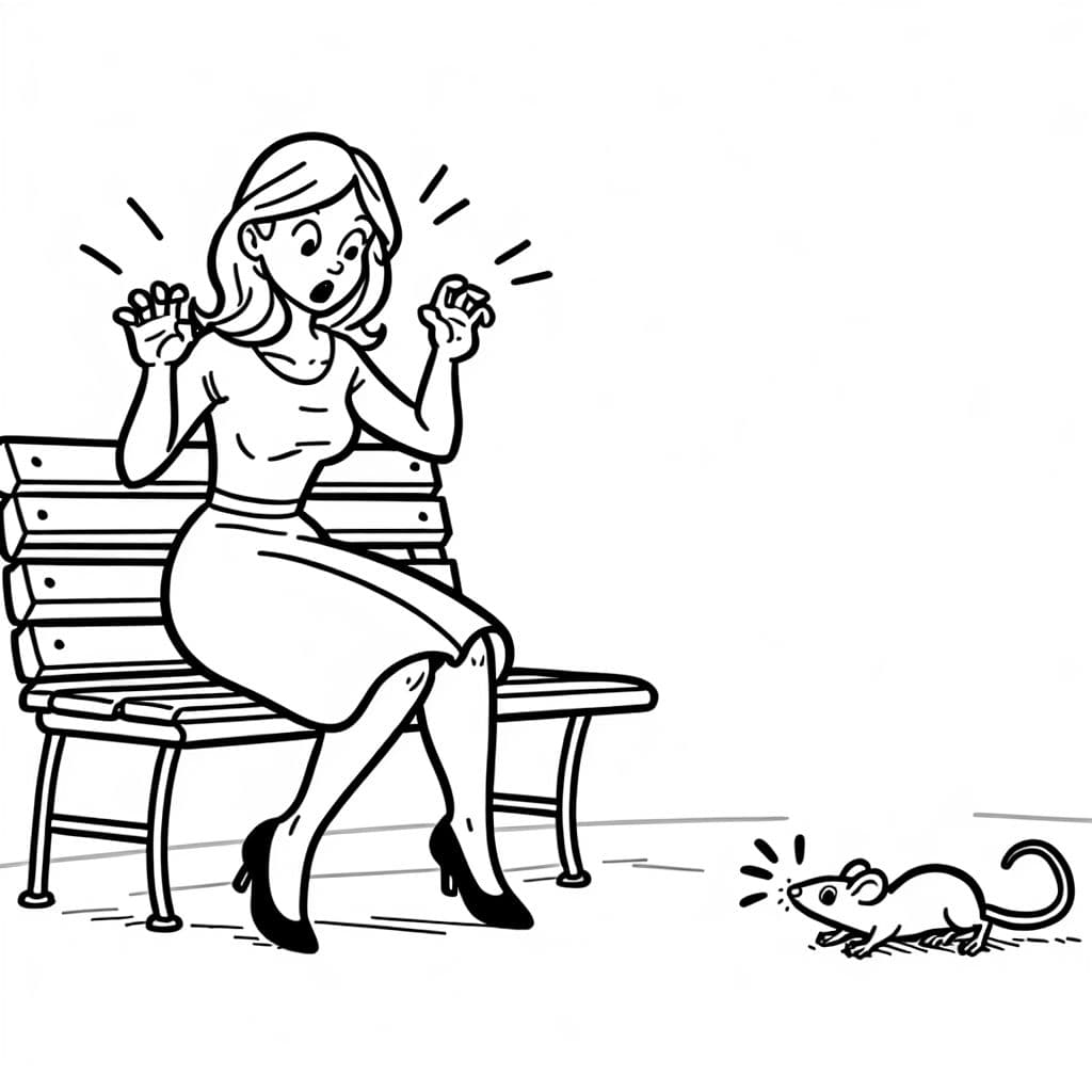 Une dame se tient sur un banc parce qu'elle a peur d'une souris.
