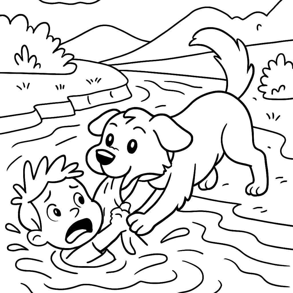 Chien sauvant un enfant effrayé qui est tombé dans la rivière.