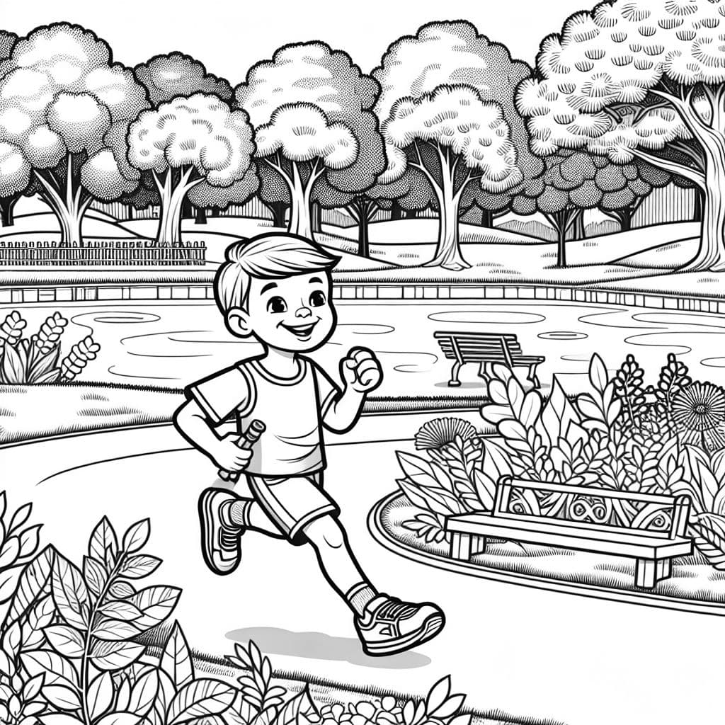 A little boy running a race in a park with a lake